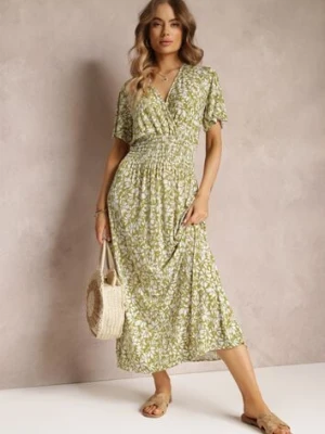 Jasnozielona Rozkloszowana Sukienka Maxi w Kwiaty z Gumką w Pasie Aeyana j&x
