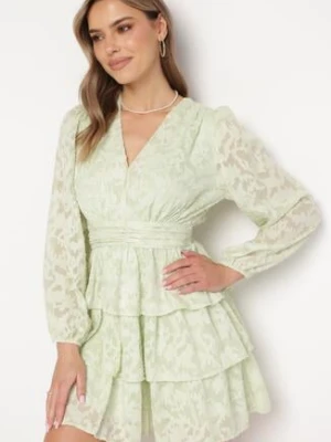 Jasnozielona Rozkloszowana Sukienka Mini z Marszczeniami i Falbankami Lanevin retro & icone