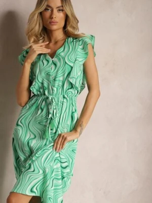 Jasnozielona Rozkloszowana Sukienka z Guzikami i Gumką w Talii Mottella rosse line