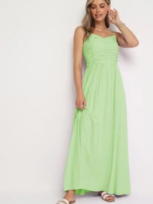Jasnozielona Rozkloszowana Wiskozowa Sukienka na Cienkich Regulowanych Ramiączkach Canelsea cflo