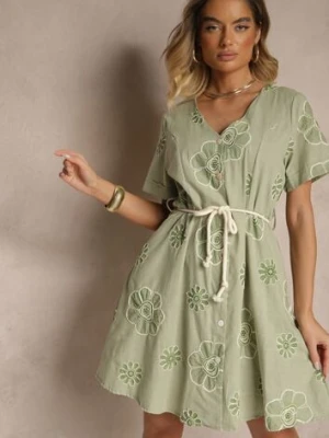 Jasnozielona Sukienka Boho Ozdobiona Sznurkiem i Haftami Evinelle rosa