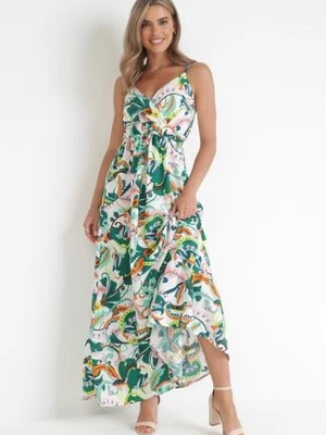 Jasnozielona Sukienka Maxi na Cienkich Ramiączkach z Gumką i Ściągaczem w Pasie Aeliva