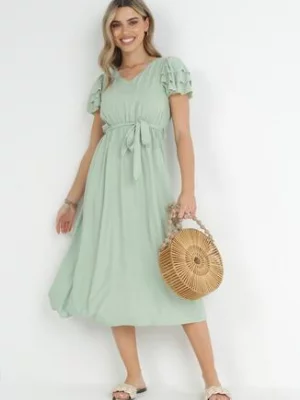 Jasnozielona Sukienka Midi z Wiskozy z Gumką w Pasie i Materiałowym Paskiem Aricia cflo