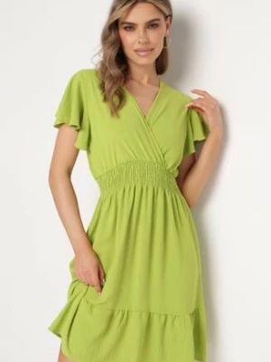 Jasnozielona Sukienka Mini z Gumką w Pasie i Falbanką Senait j&x