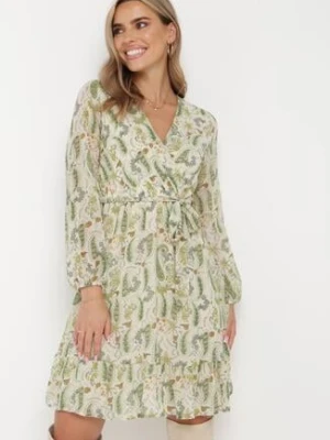 Jasnozielona Sukienka Mini z Gumką w Pasie i Materiałowym Paskiem Matelyn rosa