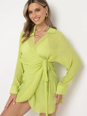 Jasnozielona Sukienka o Kopertowym Kroju z Kołnierzem Qeviana rosa