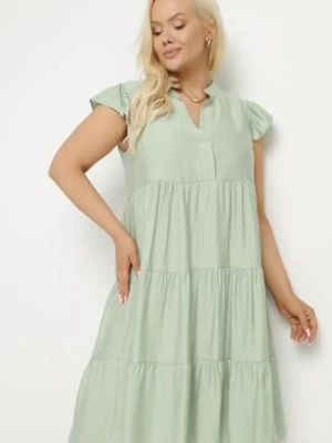 Jasnozielona Sukienka o Rozkloszowanym Kroju z Dekoltem w Serek Meverina h&s