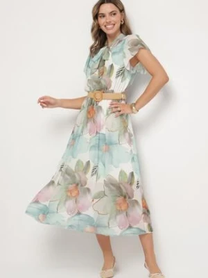 Jasnozielona Sukienka o Rozkloszowanym Kroju z Wiązaniem przy Dekolcie i Paskiem Sorilina lovery