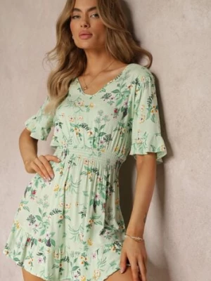 Jasnozielona Sukienka w Kwiatowy Wzór z Wiskozy z Gumką w Talii Dahlie j&x