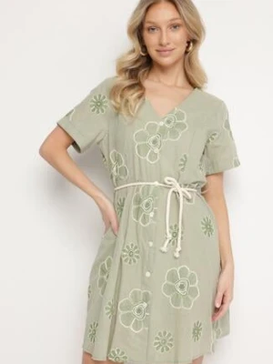 Jasnozielona Sukienka w Stylu Boho w Haftowane Kwiaty ze Sznurkiem Evionis rosa