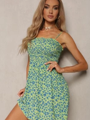 Jasnozielona Sukienka z Bawełny na Cienkich Ramiączkach z Gumką w Talii Tessinia defox