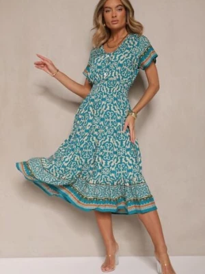 Jasnozielona Sukienka z Bawełny z Gumką w Pasie i Ozdobnymi Guzikami Natifarela defox