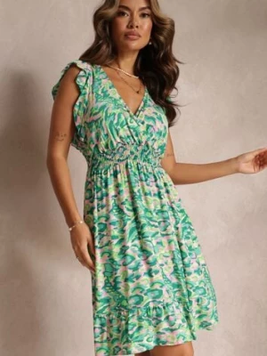 Jasnozielona Sukienka z Falbanką i Kopertowym Dekoltem Leanah cflo