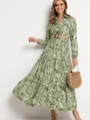 Jasnozielona Sukienka z Roślinnym Wzorem i Plecionym Paskiem Nouylas rosa