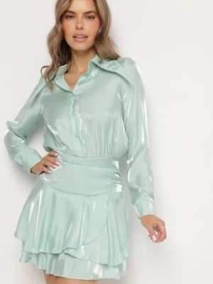 Jasnozielona Sukienka z Wiskozy o Koszulowym Kroju z Falbankami Liova allyson