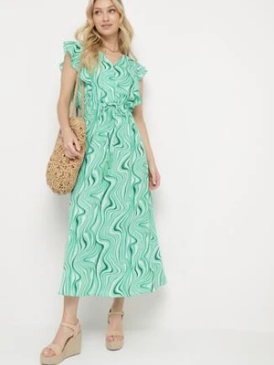 Jasnozielona Sukienka Zapinana na Guziki z Gumką w Pasie i Falbankami Keltella rosse line