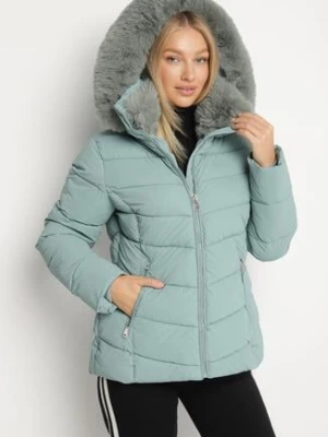 Jasnozielona Taliowana Kurtka z Pikowanymi Przeszyciami i Kapturem z Futerkiem Olennea romee's