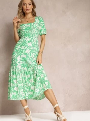 Jasnozielona Taliowana Sukienka Midi z Wiskozy w Kwiaty Alexanita cflo