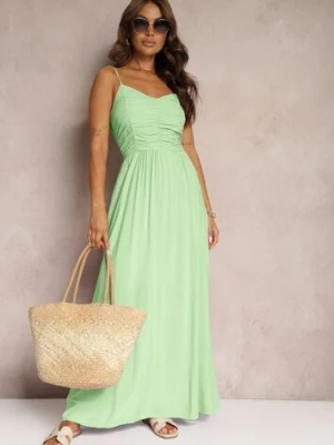 Jasnozielona Taliowana Sukienka z Wiskozy o Rozkloszowanym Kroju na Ramiączkach z Regulacją Donelsea cflo