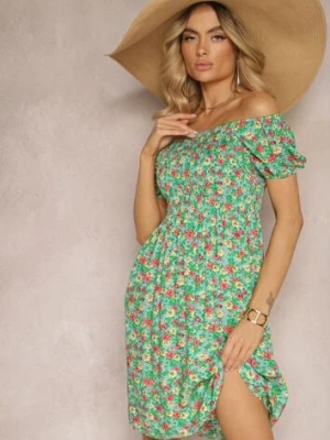 Jasnozielona Wiskozowa Sukienka Hiszpanka w Kwiatowy Wzór Pialara cflo