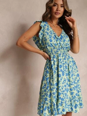 Jasnozielona Wiskozowa Sukienka o Rozkloszowanym fasonie z Metalicznym Nadrukiem Aurasana cflo