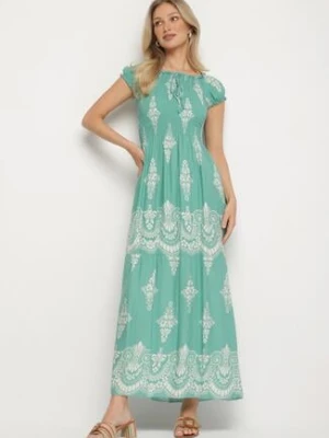 Jasnozielona Wiskozowa Sukienka z Marszczoną Góra i Wzorem Boho Ellifae j&x