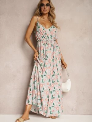 Jasnozielona Wiskozowa Sukienka ze Ściągaczem na Regulowanych Ramiączkach w Kwiaty Abcolia cflo