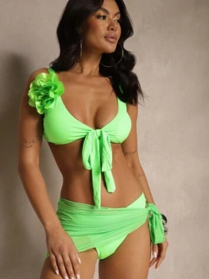 Jasnozielone Bikini Majtki Figi Biustonosz z Broszką Kwiatu 3D i Siateczkowe Pareo Folissa