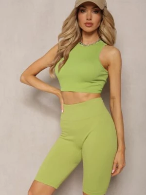Jasnozielone Prążkowane Szorty Kolarki High Waist Olevitta