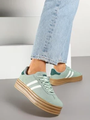 Jasnozielone Sneakersy na Platformie z Minimalistycznymi Przeszyciami Teritha
