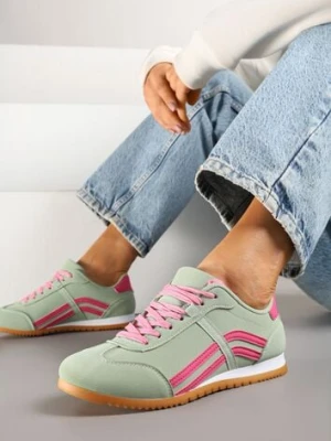 Jasnozielone Sneakersy przed Kostkę z Paskami na Cholewce Deniffia