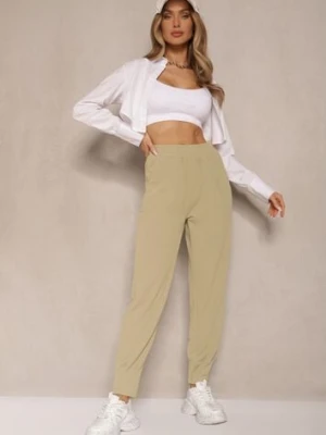 Jasnozielone Spodnie High Waist z Gumką w Talii Teniela