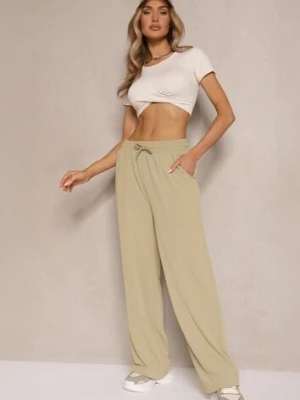 Jasnozielone Spodnie o Szerokim Kroju High Waist Ozdobione Sznurkiem Deyrisse