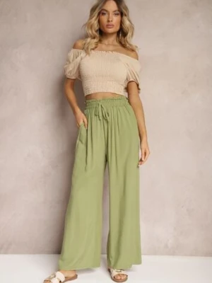 Jasnozielone Spodnie z Bawełny Typu Palazzo High Waist z Gumką w Talii Nelsaria
