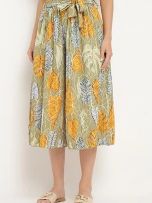 Jasnozielone Szerokie Spodnie z Wysokim Stanem i Bawełną oraz Gumką w Talii Opefia airisa