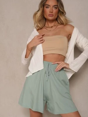 Jasnozielone Szorty z Bawełny High Waist Ozdobione Wiązaniem Selmio defox
