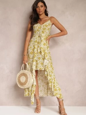 Jasnozielono-Biała Sukienka Maxi z Dłuższym Tyłem na Cienkich Ramiączkach Stanisa j&x