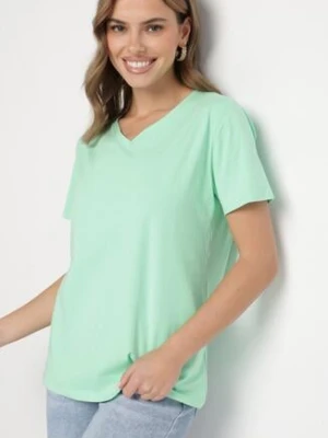 Jasnozielony Bawełniany T-shirt z Trójkątnym Dekoltem Nelirna