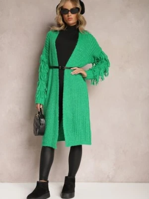 Jasnozielony Długi Kardigan Dzianinowy z Ozdobnymi Frędzlami i Paskiem Mesfin lily rose