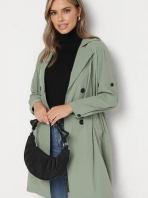 Jasnozielony Dwurzędowy Płaszcz z Bawełną i Regulowanymi Rękawami Ściągany z Tyłu Paskiem Mevalina h&s