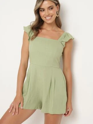 Jasnozielony Kombinezon Bawełniany na Ramiączkach z Falbanką i Krótkimi Nogawkami Liadia rosa