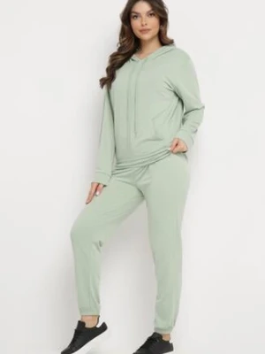 Jasnozielony Komplet Dresowy Bluza Kangurka z Kapturem i Spodnie Joggery Triasa
