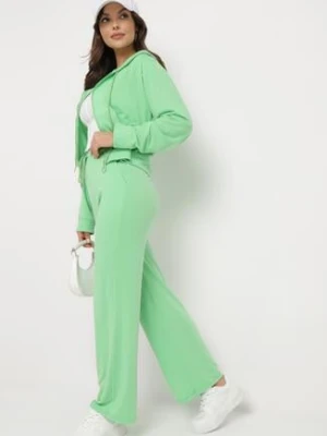 Jasnozielony Komplet Dresowy Bluza z Kapturem Rozpinana i Szerokie Spodnie Avesmira defox