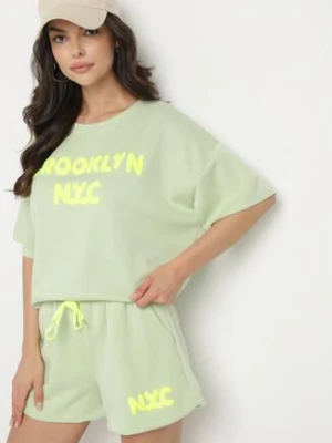 Jasnozielony Komplet Oversize z Wiskozą T-shirt i Szorty z Nadrukiem Liravella jumelle