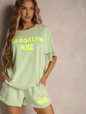 Jasnozielony Komplet z Wiskozą o Fasonie Oversize T-shirt i Szorty Lirafina jumelle