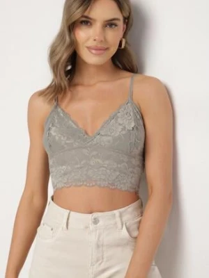 Jasnozielony Koronkowy Top na Ramiączkach z Dekoltem w Serek Pasmiriela sublevel