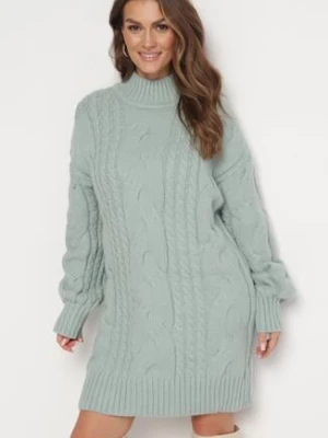 Jasnozielony Luźny Sweter w Warkoczykowy Splot Sentlia wool fashion