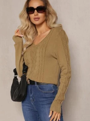 Jasnozielony Sweter ze Splotem w Warkocze i Dekoltem V Khara wool fashion