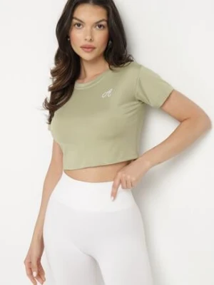 Jasnozielony T-shirt Crop Top Ozdobiony Literką Koliviela glo-story