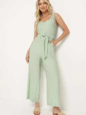 Jasnozielony Wiskozowy Kombinezon na Ramiączkach z Materiałowym Paskiem i Gumkami w Talii Zadia rosa